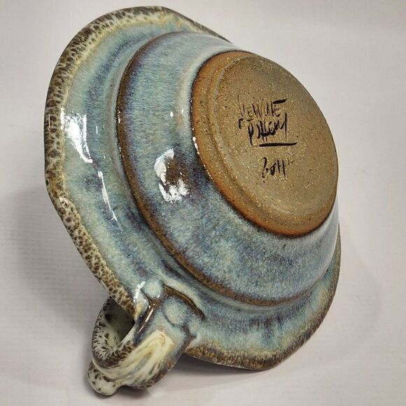 Alewine Pottery 4" Candle Holder Handle Brown Blue Speckle Incense 2011 Signed - Picture 9 of 10
